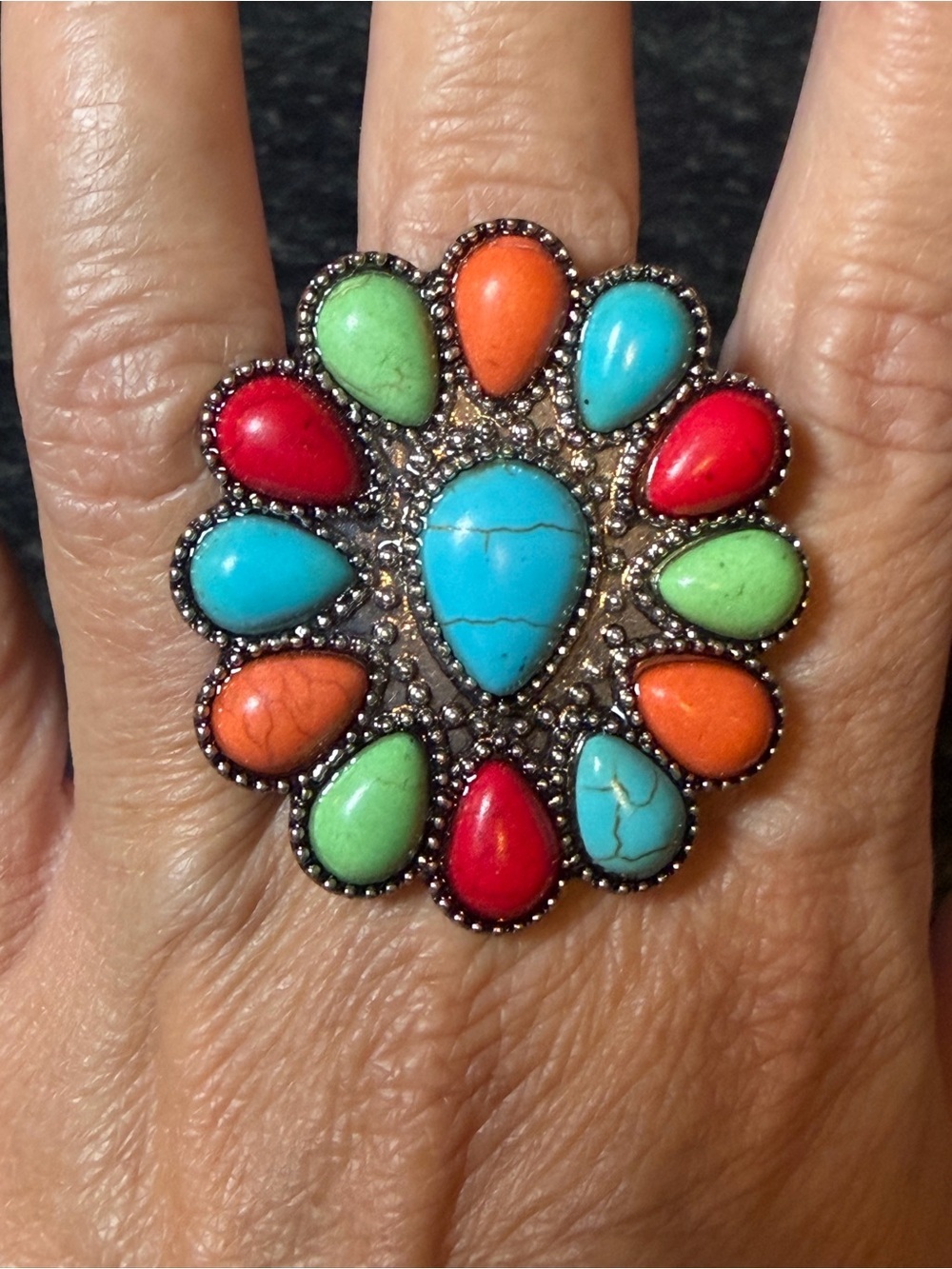 Multicolor Turquoise Statement Ring Silver Tone Stretch Boho Western